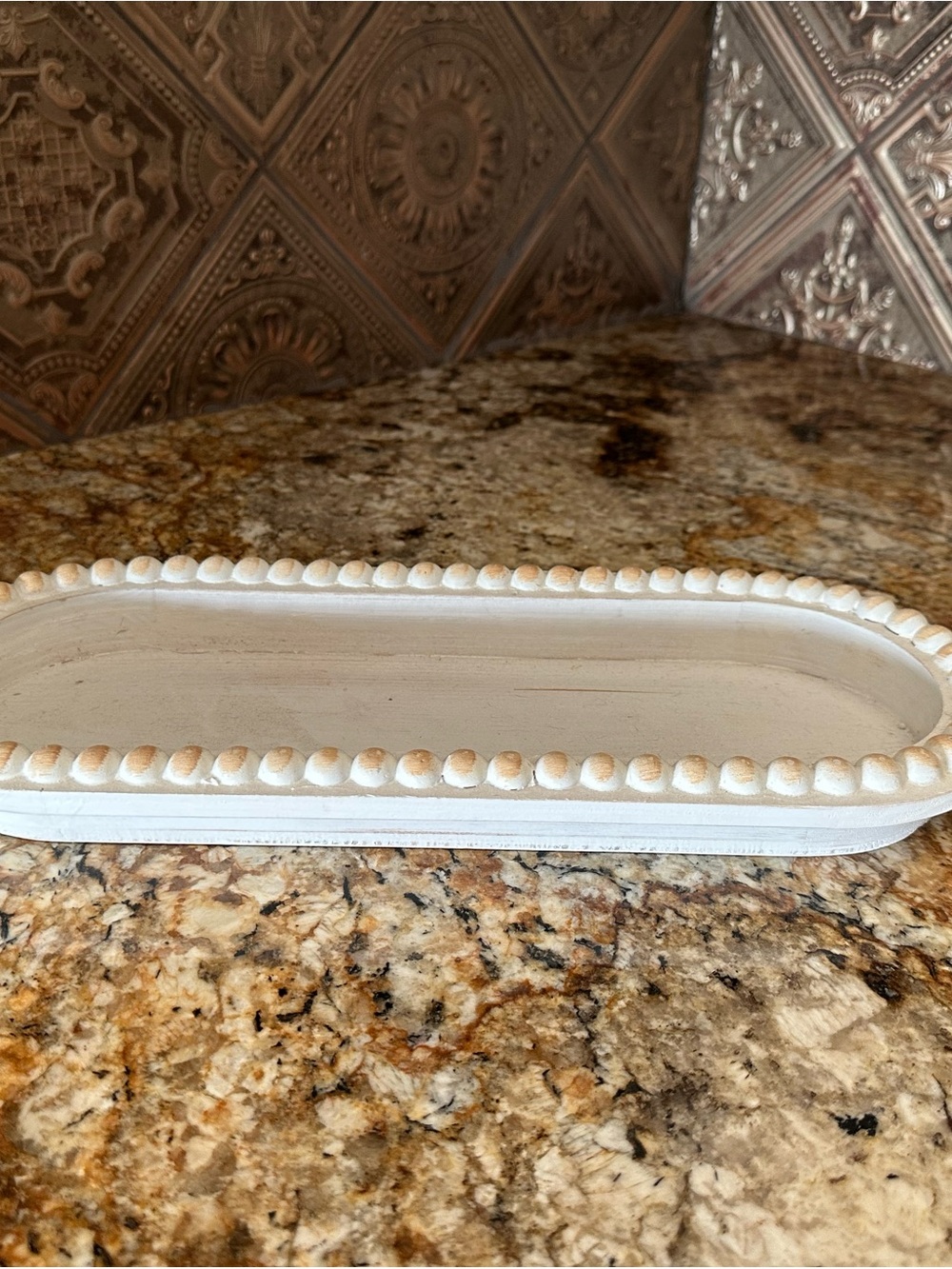 Decorative White Beaded Oval Tray - Farmhouse Home Bath Accent